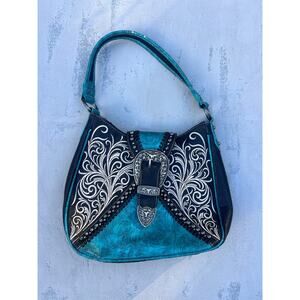 Y2L Teal White Black Embellished Western Pattern Purse Handbag
